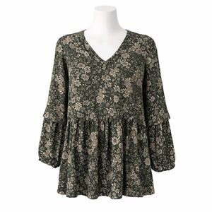 Size L Reitmans Boho Green Floral Blouse Top with Ruffle Sleeve